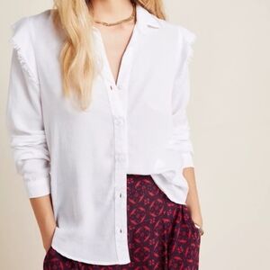 Cloth & Stone for Anthropologie White Ruffled Button Down Shirt Size Small